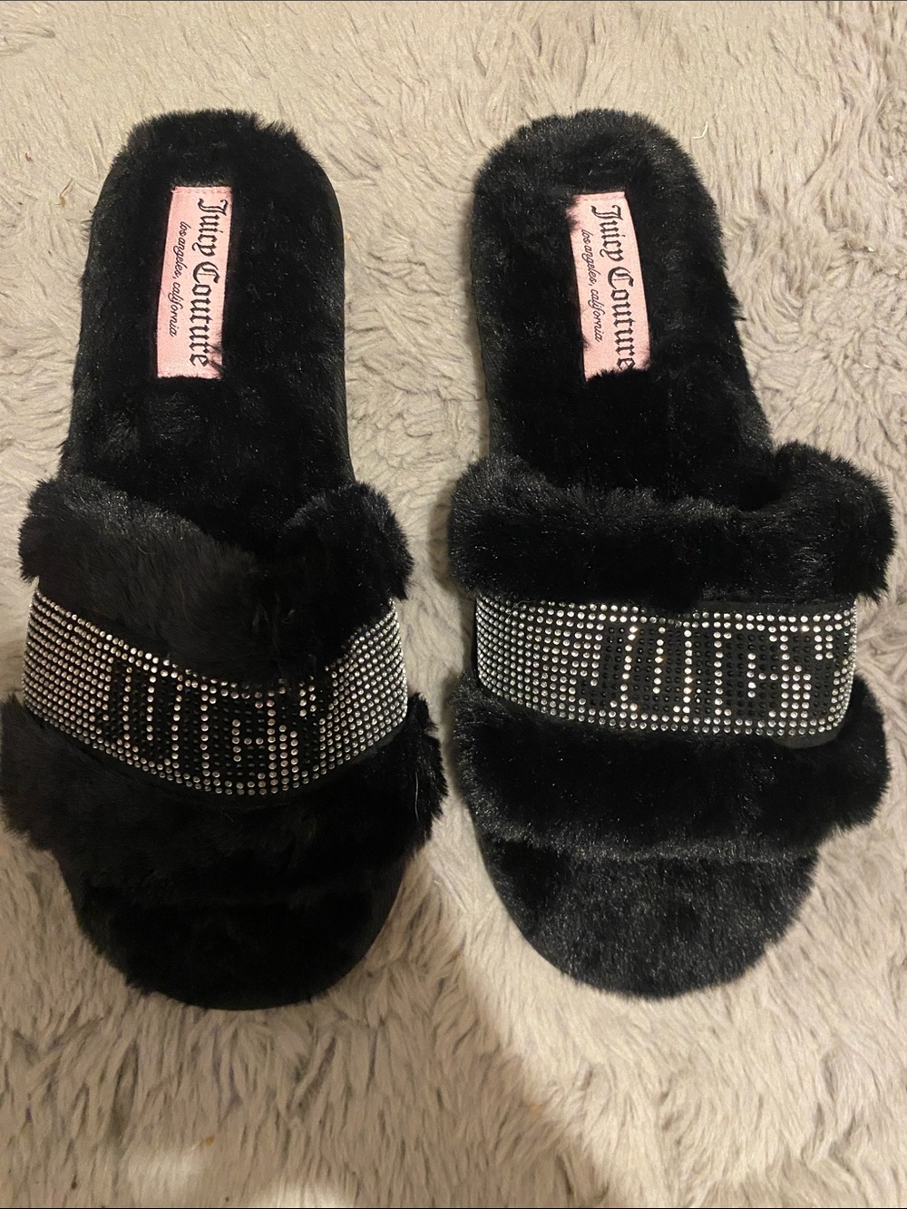 Juicy Couture Black Faux Fur Slide Slippers with Crystal 'JUICY' Strap